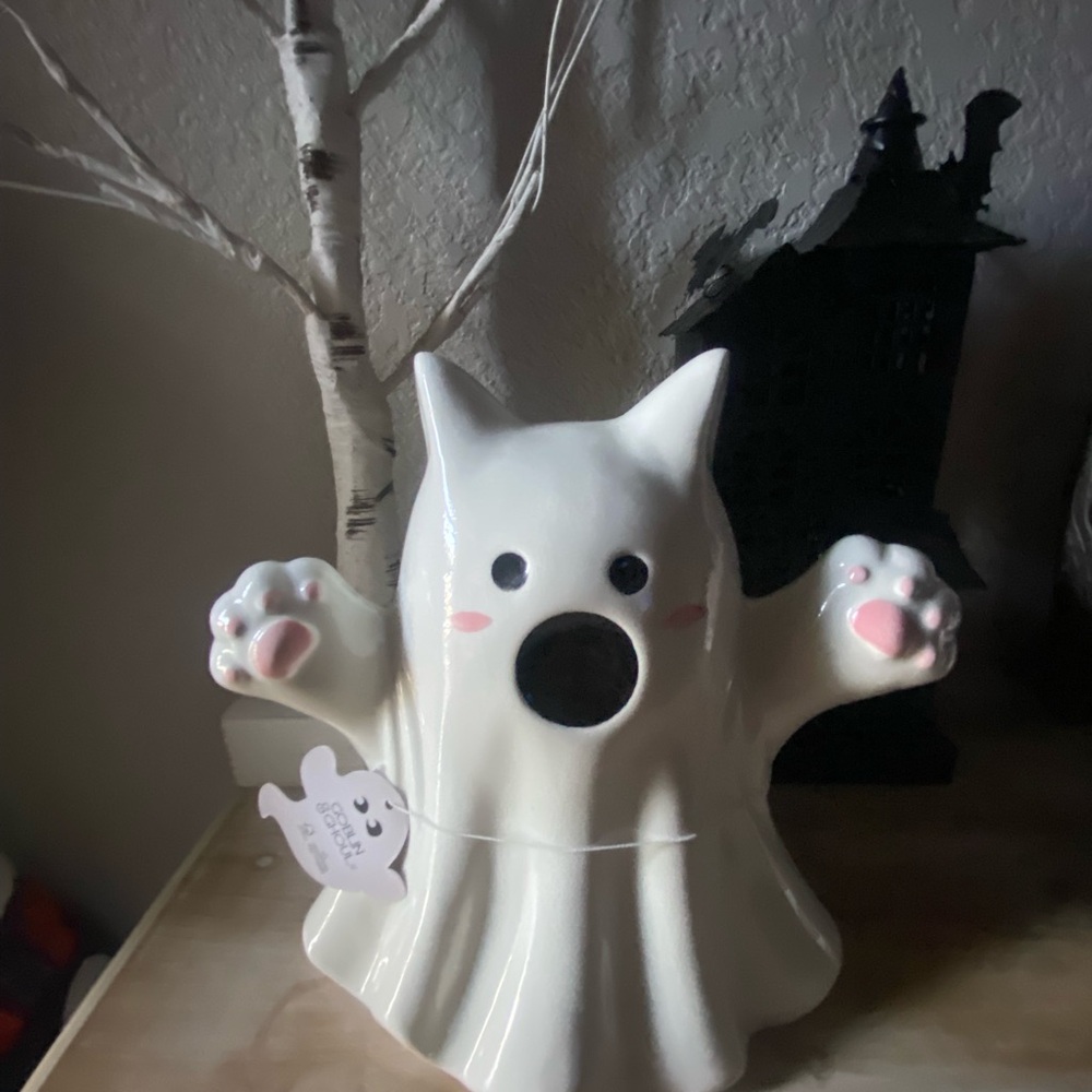 Goblins & Ghouls Ghost Cat Ceramic Decor NWT